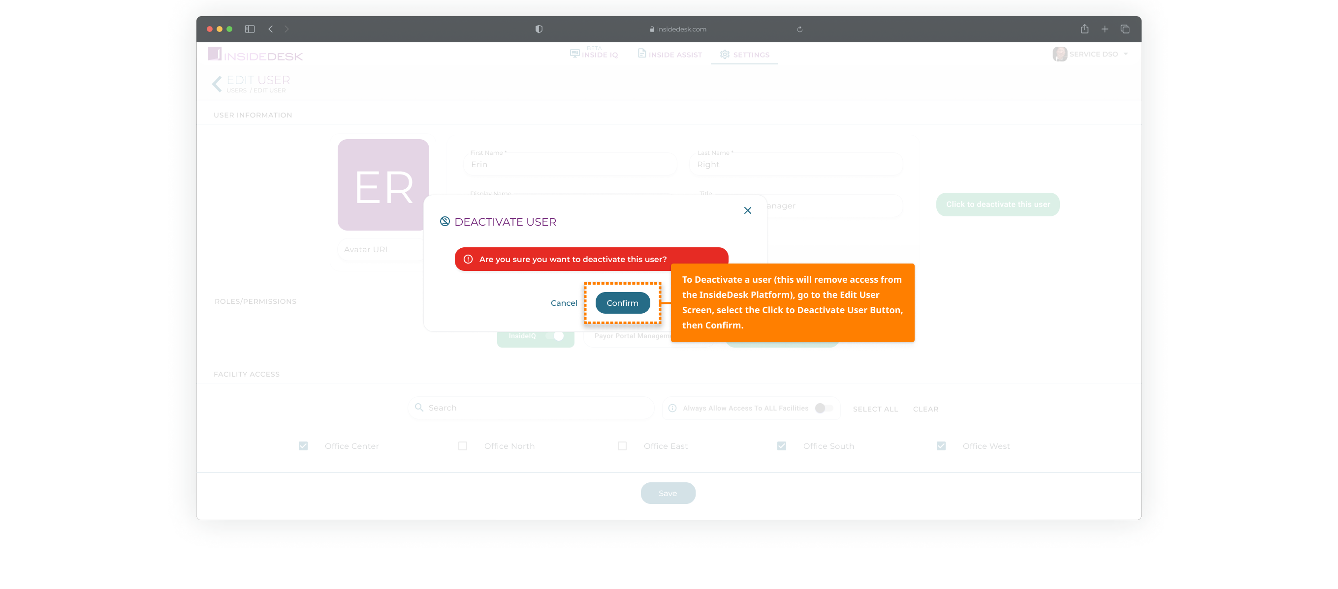 User Management - Edit User - Confirm Deactivate